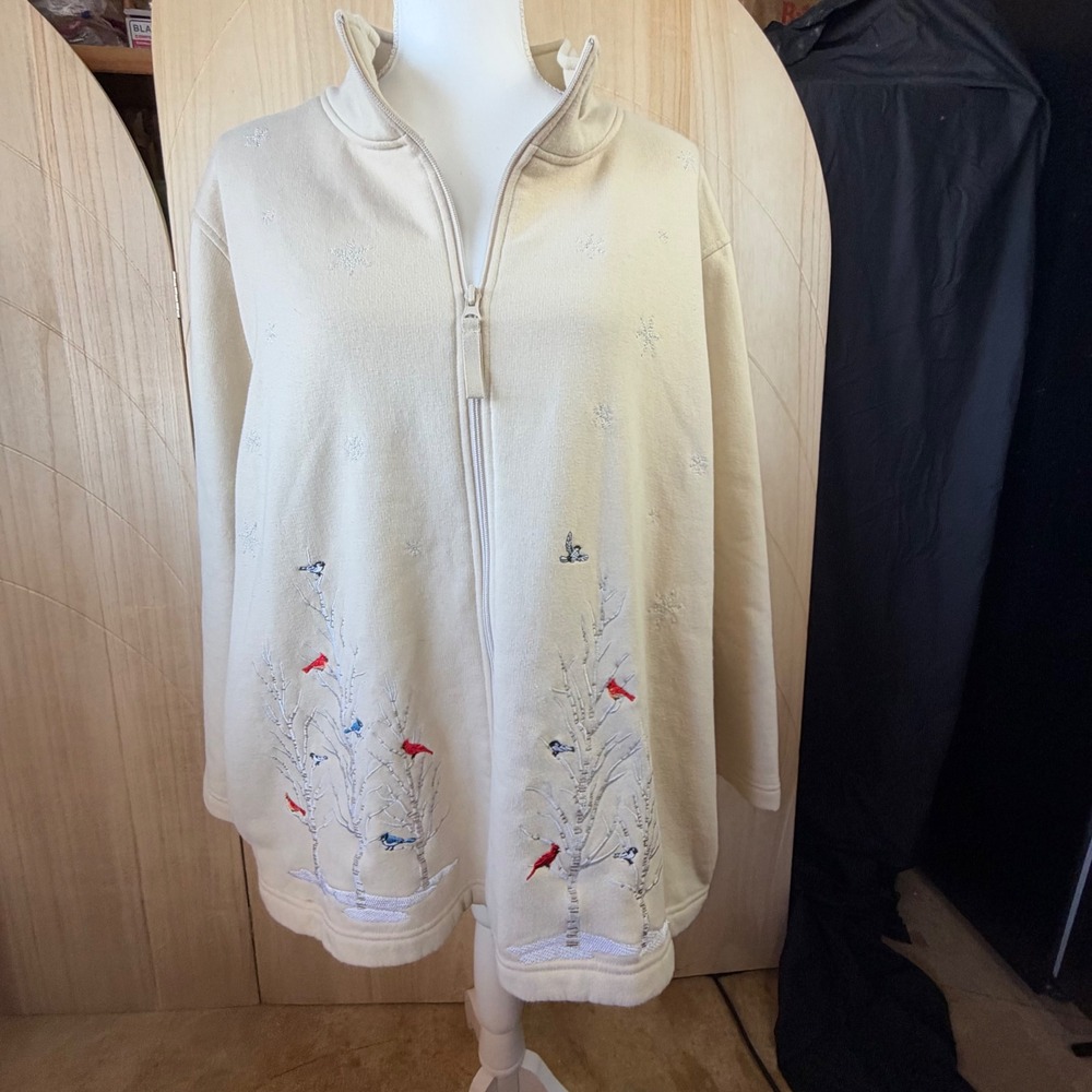 Bon Worth Zip Sweatshirt XL Petite Beige Bird Winter Embroidery Casual Cozy
